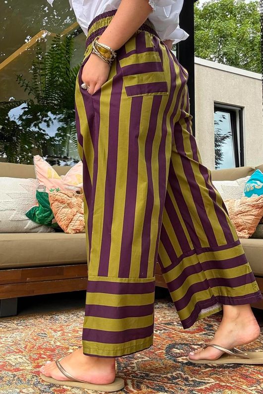 Bloc Stripe Wide Leg Pant Aubergine & Olive